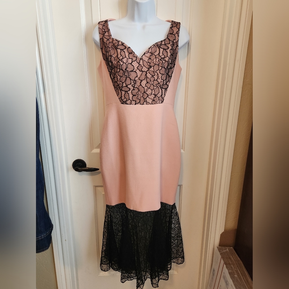 Prabal Gurung -  Soft Pink w/Black Lace Sweetheart Line Midi - Runway S Vintg 90